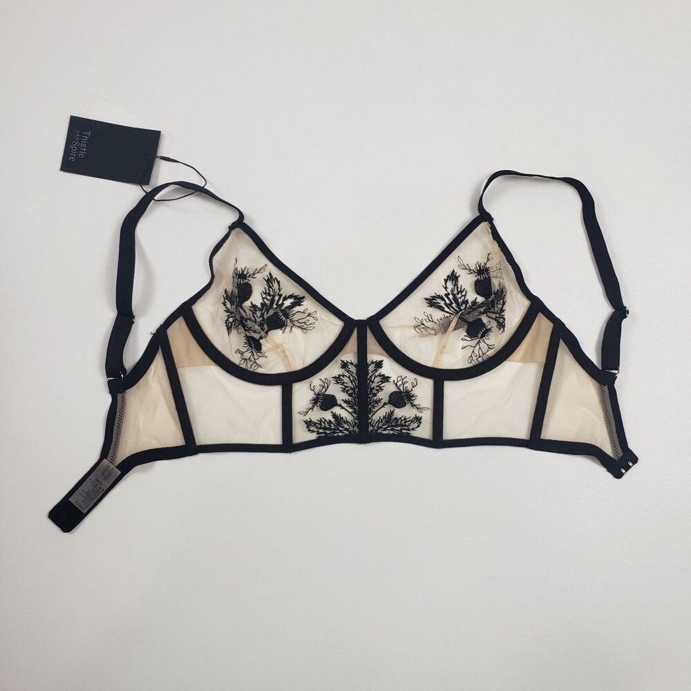 Thistle and Spire Verona Embroidered Longline Bra Women's 32DD Black Nude Mesh - Picture 12 of 16
